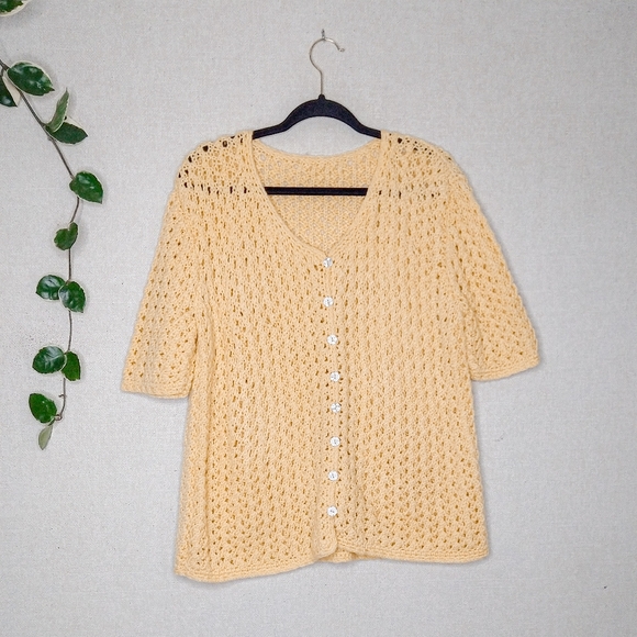 Vintage Sweaters - Vintage Yellow Orange Handmade Grandma Crochet Flower Button Cardigan Size XL
